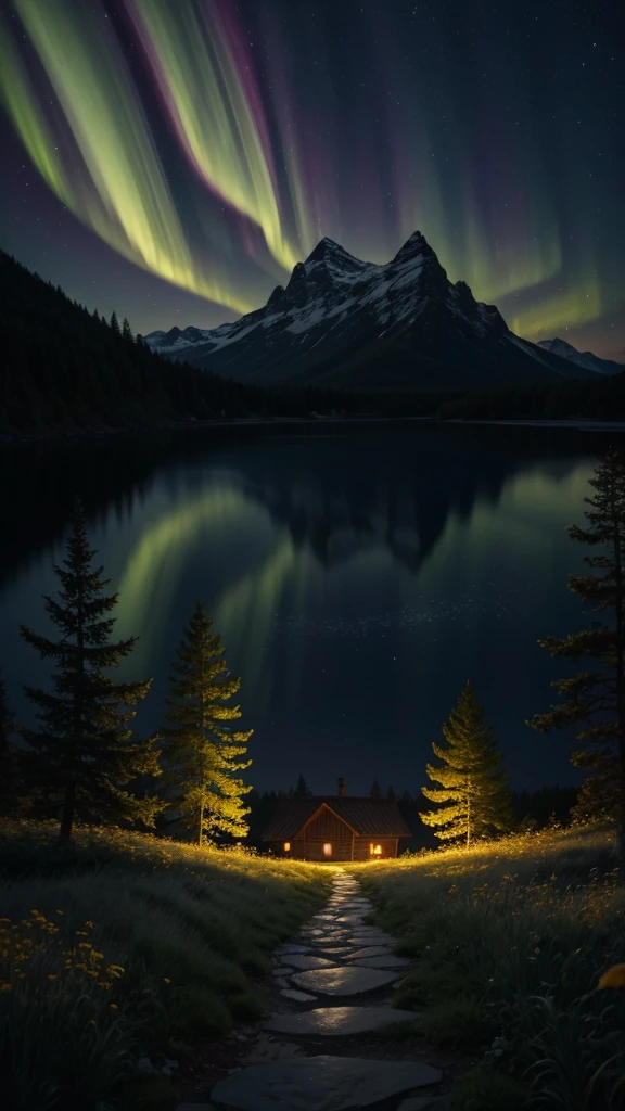 a luminescent garden, glowing flowers, luminescent trees, luminescent fireflies, northern lights sky, cinematic lighting, unreal engine, hyper detailed, 8k, masterpiece, dark fantasy, ethereal, moody, dramatic lighting, (((Landscape)))