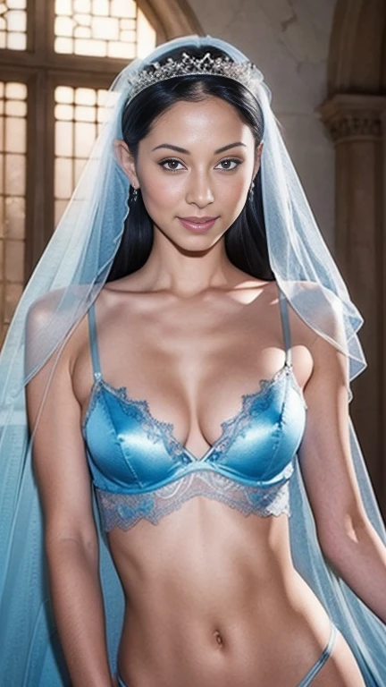 a close up of a woman in a light blue lingerie and a veil, a beautiful fantasy empress, beautiful alluring woman, seductive girl, beautiful goddess, ((a beautiful fantasy empress)), small , photorealistic perfect body, beautiful goddess, beautiful detailed body and face, realistic lingerie, fantasy art style, realistic shaded perfect body, beautiful fantasy maiden, fantasy woman