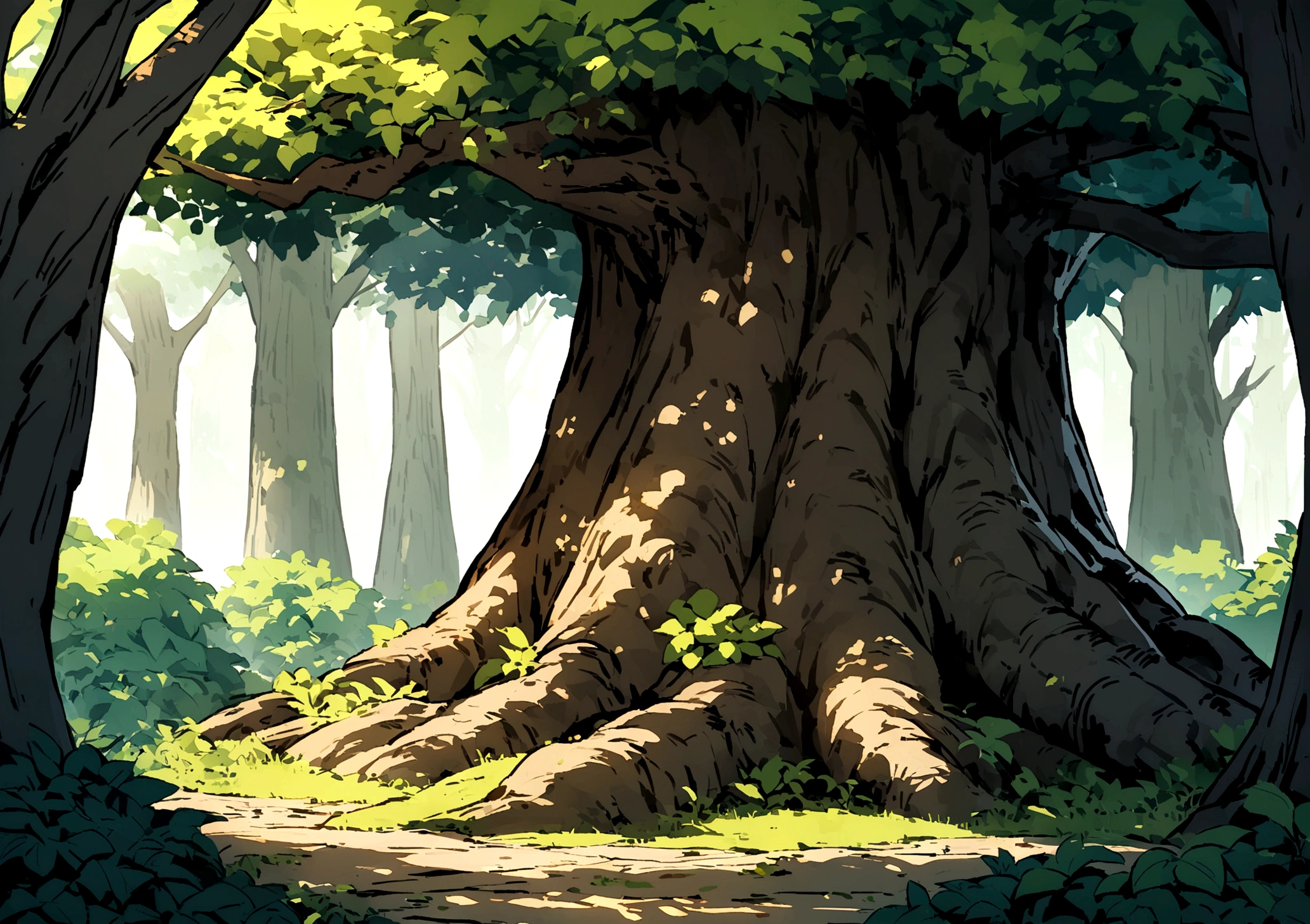 create a background for a fantasy medieval game in the center is a big tree in a forest filled with bushes and plants the front is flat ground with dirt make sure there's no white background and make it eye level