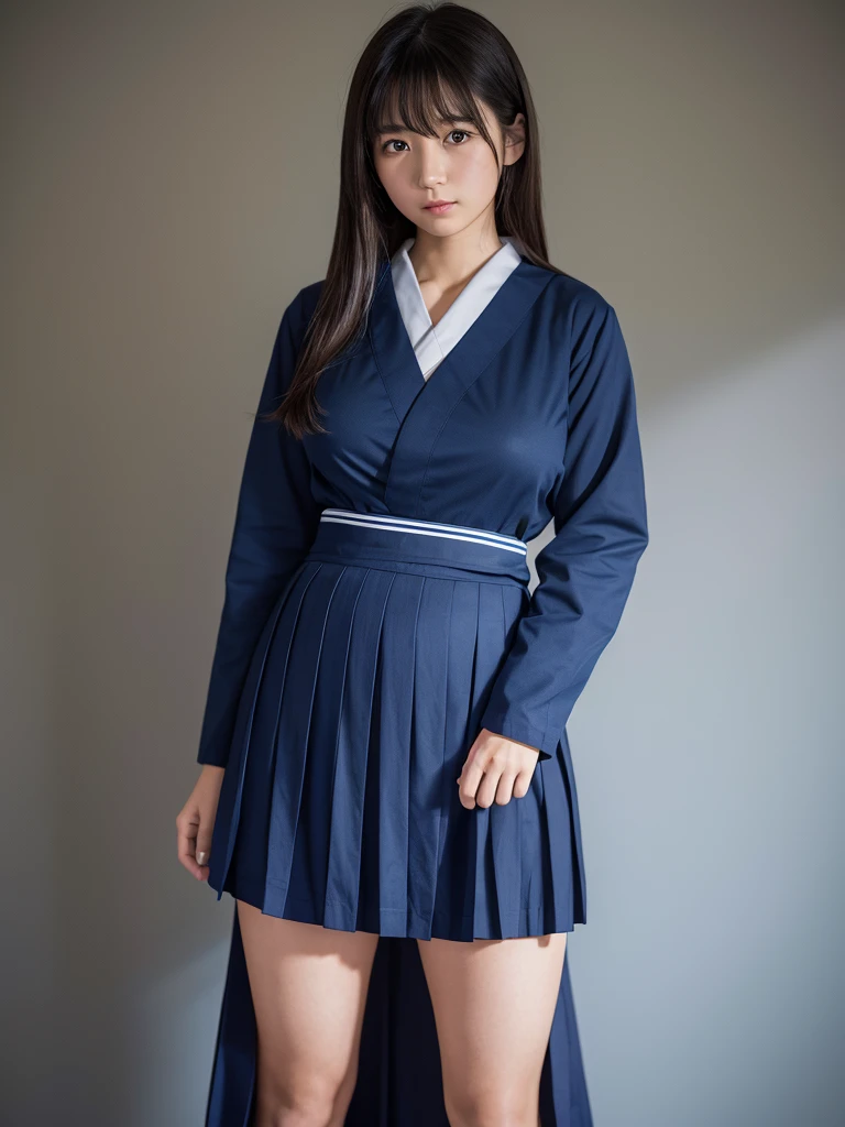 Nibuakari LoRA, girl, Realistic, RAW Photos, Highest quality, (Perfect Anatomy), (View your viewers:1.2), (Depth of written boundary:0.6), (Are standing), (About the Room. Simple Background), 22 years old, (Big Breasts:1.3), whole body, (Wearing a dark blue Japanese uniform:1.25), (Dark blue long skirt:1.35), Long sleeve, tie, (Straight medium hair), Illuminate the subject, (Fair skin:1.2), bangs, (expensive), (Sensual:1.25),