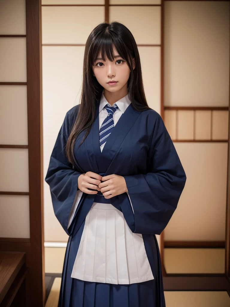 Nibuakari LoRA, girl, Realistic, RAW Photos, Highest quality, (Perfect Anatomy), (View your viewers:1.2), (Depth of written boundary:0.6), (Are standing), (About the Room. Simple Background), 22 years old, (Big Breasts:1.3), whole body, (Wearing a dark blue Japanese uniform:1.25), (Dark blue long skirt:1.35), Long sleeve, tie, (Straight medium hair), Illuminate the subject, (Fair skin:1.2), bangs, (expensive), (Sensual:1.25),