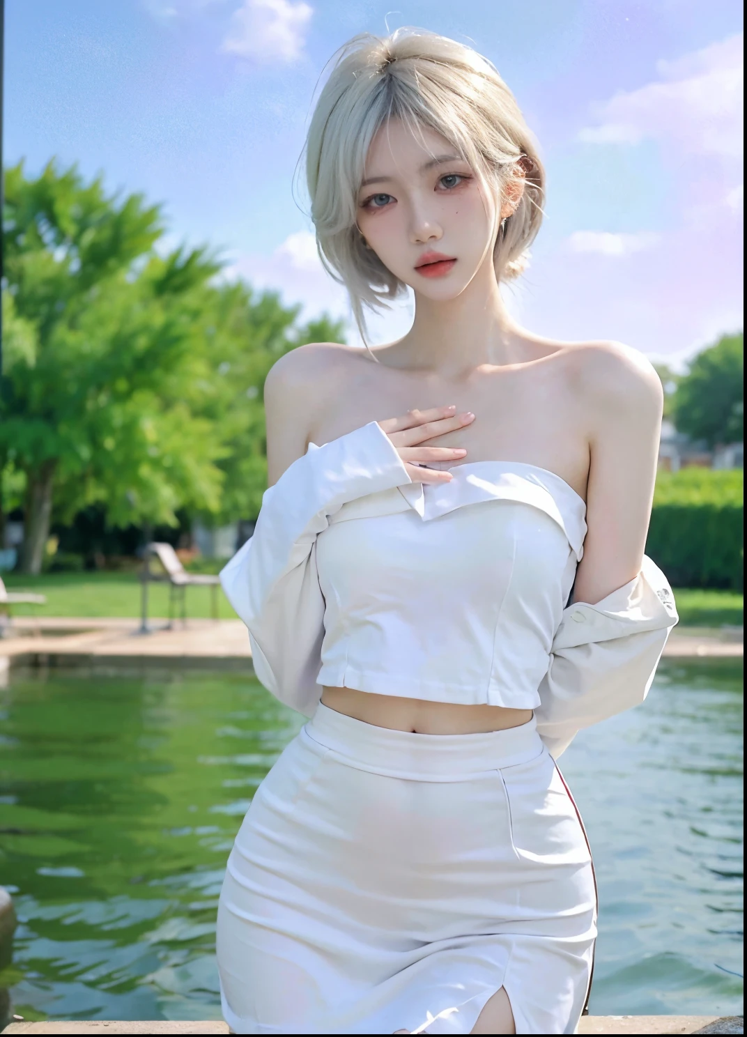 Beautiful woman with perfect figure:1.4,Ultra-high resolution,Put your hands behind your back,Swimming background,(Realism:1.4),perspective,Layered hairstyle,Snow white skin,JK:1.5,Super short pleated skirt,whole body:1.4,Very delicate and skin texture,Double eyelids,Skin Whitening,Long hair,White hair