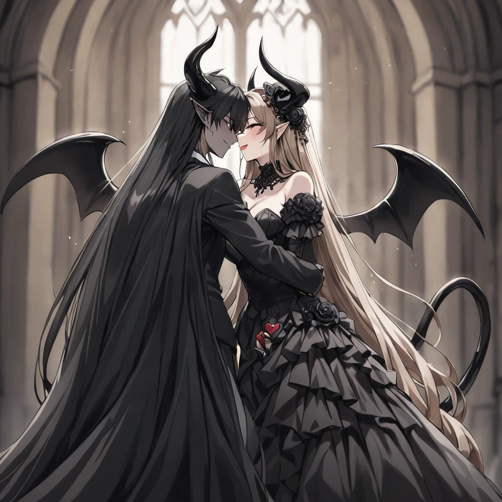 ((Highest quality)), ((masterpiece)), (detailed), （Perfect Face）、The woman is a sexy, dark-skinned demon.、The woman is a jet-black female demon with magnificent devil horns, jet-black devil wings and a jet-black tail, her skin is jet-black, she is wearing a luxurious black gothic Victorian wedding dress and a black wedding veil, she is embracing the dignified and powerful Great Demon King, her whole body being loved by the Demon King, she is looking into the camera with a happy expression and is approaching for a kiss, she is the jet-black demon Princess Leona at her wedding, she has medium-long light brown hair, she is a demon in both body and mind, and she has the expression of a maiden in love.、The man is a dignified and powerful demon king, embracing the woman and looking into the camera as they hold their wedding ceremony, loving and adoring each other.