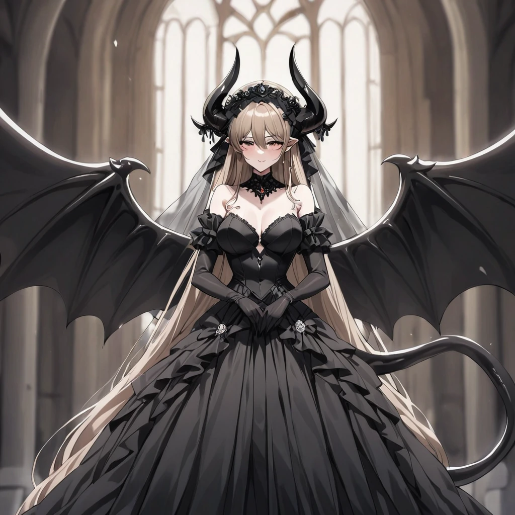 ((Highest quality)), ((masterpiece)), (detailed), (Perfect Face)、The woman is a sexy, dark-skinned demon.、The woman is a jet-black female demon with magnificent devil horns, jet-black devil wings and a jet-black tail, her skin is jet-black, she is wearing a luxurious black gothic Victorian wedding dress and a black wedding veil, she is embracing the dignified and powerful Great Demon King, her whole body being loved by the Demon King, she is looking into the camera with a happy expression and is approaching for a kiss, she is the jet-black demon Princess Leona at her wedding, she has medium-long light brown hair, she is a demon in both body and mind, and she has the expression of a maiden in love.、The man is a dignified and powerful demon king, embracing the woman and looking into the camera as they hold their wedding ceremony, loving and adoring each other.