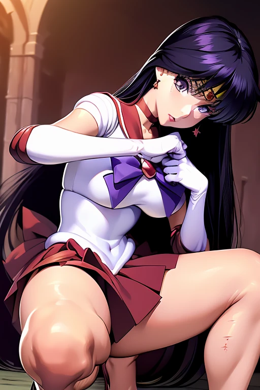 (Very detailed), (masterpiece), (Super detailed),Mid-chest, Detailed hands, Sailor Mars,I'm injured、On one knee、Crippling、(((Her costume is torn and her skin is showing)))、Bleeding、enduring pain、(((Hands tied)))、Under heavy enemy attack、