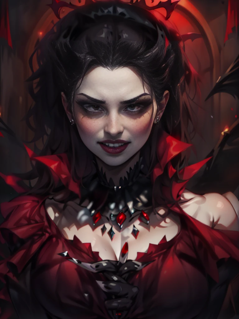 a close-up of a woman in a red dress and vampire makeup, beautiful vampire queen, beautiful vampire female queen, vampire queen, Carmilla Vampira, vampire portrait, portrait of a lady vampire, beautiful and elegant demon queen, portrait of the beautiful vampire, vampiro do clã theshadow, Vampire girl, beautiful female vampire, female vampire, scary queen of death, vampire costume, mouch wide open.