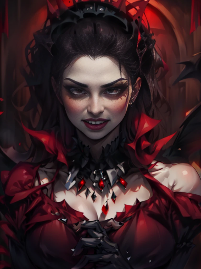 a close-up of a woman in a red dress and vampire makeup, beautiful vampire queen, beautiful vampire female queen, vampire queen, Carmilla Vampira, vampire portrait, portrait of a lady vampire, beautiful and elegant demon queen, portrait of the beautiful vampire, vampiro do clã theshadow, Vampire girl, beautiful female vampire, female vampire, scary queen of death, vampire costume, mouch wide open.