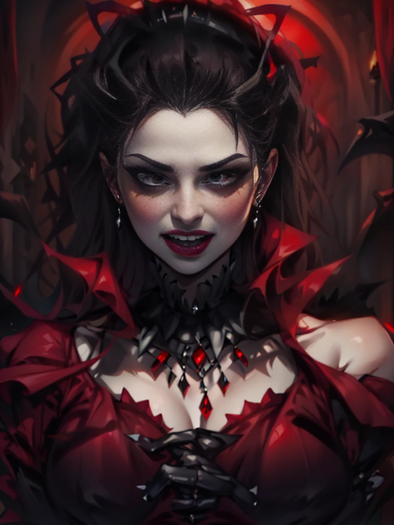 a close-up of a woman in a red dress and vampire makeup, beautiful vampire queen, beautiful vampire female queen, vampire queen, Carmilla Vampira, vampire portrait, portrait of a lady vampire, beautiful and elegant demon queen, portrait of the beautiful vampire, vampiro do clã theshadow, Vampire girl, beautiful female vampire, female vampire, scary queen of death, vampire costume, mouch wide open.