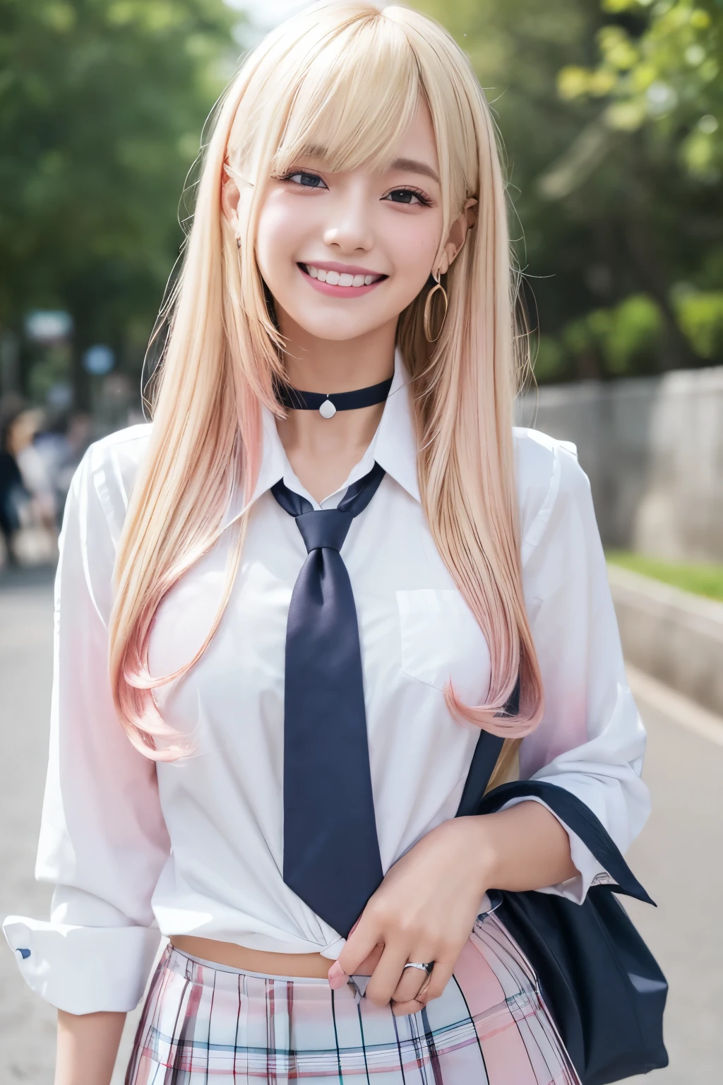 mix 4, (8K, RAW photo, highest quality, masterpiece: 1.45), (realistic, photorealistic: 1.37), Kitagawa Marine, (blonde hair, pink gradient hair:1.5), ((long hair:1.5, Sink bangs,colorful hair, red eyes)),(((indian style)))、japanese woman, ,high school student、model body shape, (big breasts:1.1), thin waist, beautiful face, beautiful eyes, , jewelry,earrings, white shirt, Tied shirts, black choker, blue tie, plaid skirt, white panties、grin and laugh, smile, Are standing, cowboy shot, schoolyard、hight school, 1 girl, alone, detailed face and eyes, upper body photo. realistic, realistic.MarinGyaru,school_uniform
