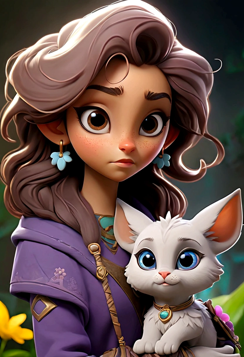 luna, a 12 years old girl, and she is 157cm tall, her hair is curly and brown that fall just above her shoulders often tied up in a pony tail with a few stray strands framing her face, her eyes are big, bright, round, she has a warm golden brown complexion, her face is heart shaped whit high cheek bones and pointed chin, she often wears colorful outfits with pattern and texture that reflect her artistic personality, she is always with a pair of goggles, perched on her forehead and Zeta is a furry mammalian creature with a mix of animal like features about 2-3 feet tall, soft fluffy fur that is a mix of purple, blue and silver hues, zeta has round eyes, long floppy ears with a delicate pink interior, it has a long fluffy tail sparkling with pompom at the end zeta has a small button nose and a smattering of freckles across her cheeks, zeta has a delicate and translucent wings which allows her to fly and maneuver with grace, zeta often wears a shimmering stone that matches her mood. are in a beautiful garden standing facing each other luna is at the left facing zeta who is at the right facing luna as well.