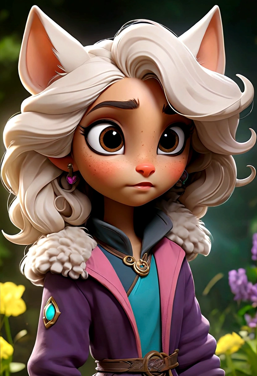 luna, a 12 years old girl, and she is 157cm tall, her hair is curly and brown that fall just above her shoulders often tied up in a pony tail with a few stray strands framing her face, her eyes are big, bright, round, she has a warm golden brown complexion, her face is heart shaped whit high cheek bones and pointed chin, she often wears colorful outfits with pattern and texture that reflect her artistic personality, she is always with a pair of goggles, perched on her forehead and Zeta is a furry mammalian creature with a mix of animal like features about 2-3 feet tall, soft fluffy fur that is a mix of purple, blue and silver hues, zeta has round eyes, long floppy ears with a delicate pink interior, it has a long fluffy tail sparkling with pompom at the end zeta has a small button nose and a smattering of freckles across her cheeks, zeta has a delicate and translucent wings which allows her to fly and maneuver with grace, zeta often wears a shimmering stone that matches her mood. are in a beautiful garden standing facing each other luna is at the left facing zeta who is at the right facing luna as well.