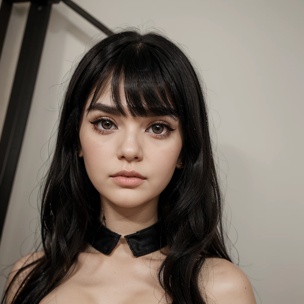 A Blythe doll with white skin, long black hair with bangs, Brown eyes, black eyebrows, with a vertical labret lip piercing