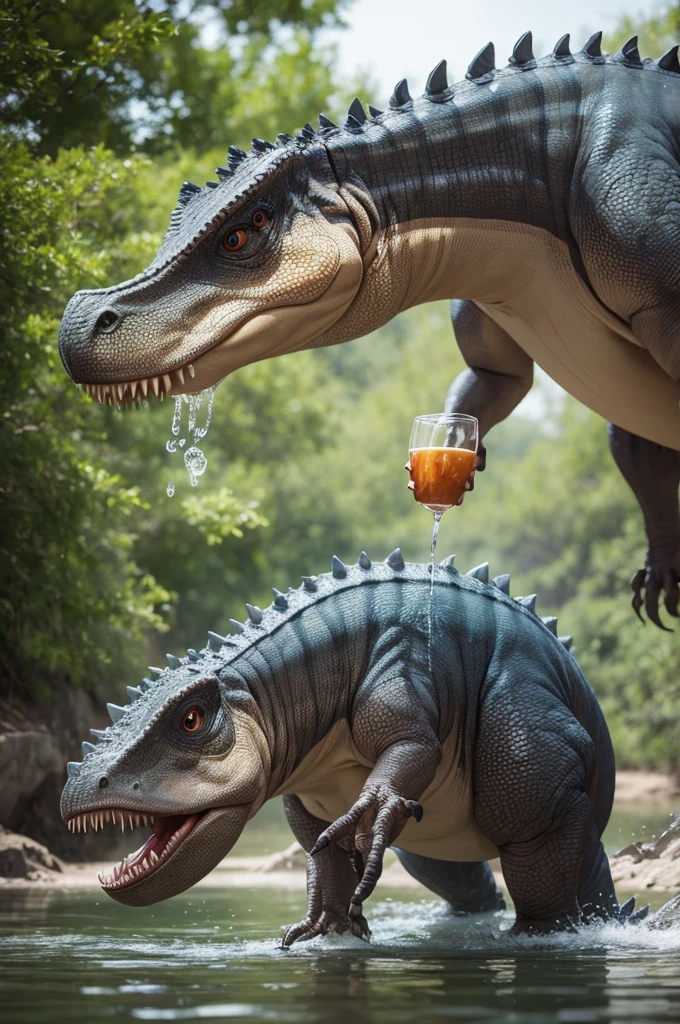 Create images of 2 dinosaurs drinking water
