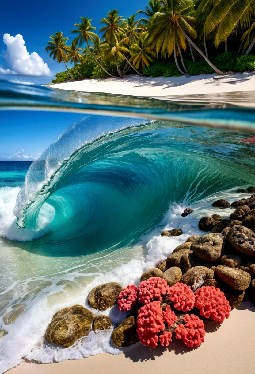 On a tropical beach, an impressive wave curves dramatically, almost defying gravity, with a clear blue sky in the background. The beach is fringed by palm trees and lush vegetation, while the foreground reveals vibrant coral reefs and marine life beneath crystal-clear water. A sense of serene beauty and natural power is conveyed by the contrast between the peaceful beach setting and the dynamic wave.