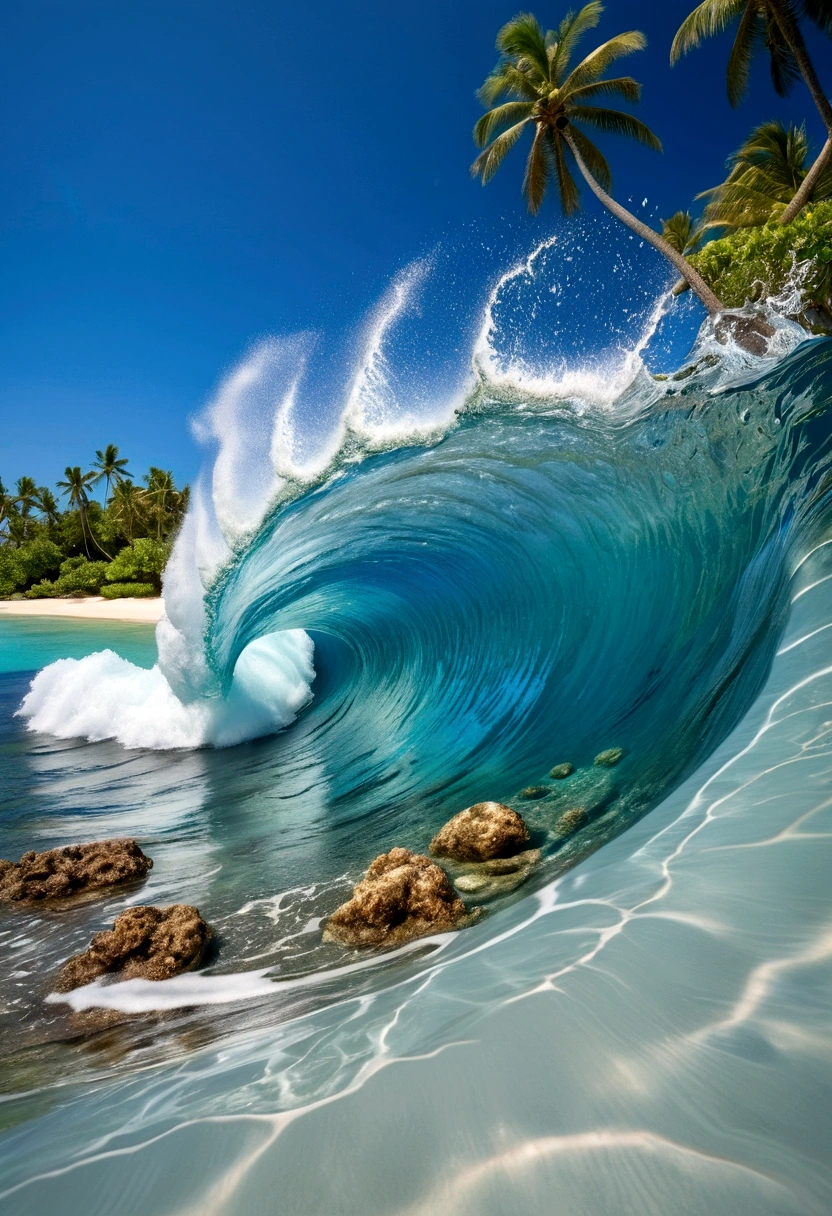 On a tropical beach, an impressive wave curves dramatically, almost defying gravity, with a clear blue sky in the background. The beach is fringed by palm trees and lush vegetation, while the foreground reveals vibrant coral reefs and marine life beneath crystal-clear water. A sense of serene beauty and natural power is conveyed by the contrast between the peaceful beach setting and the dynamic wave.