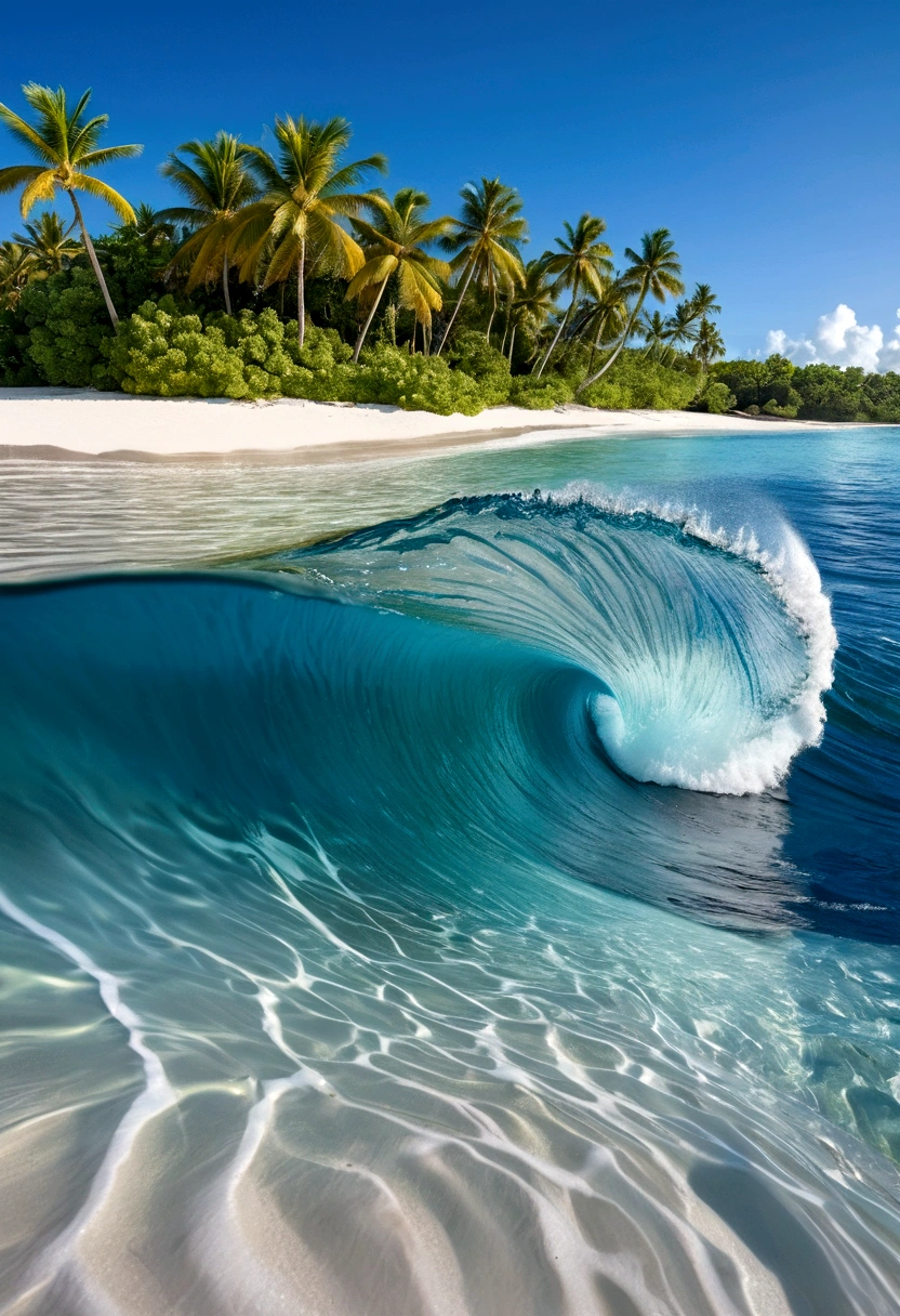 On a tropical beach, an impressive wave curves dramatically, almost defying gravity, with a clear blue sky in the background. The beach is fringed by palm trees and lush vegetation, while the foreground reveals vibrant coral reefs and marine life beneath crystal-clear water. A sense of serene beauty and natural power is conveyed by the contrast between the peaceful beach setting and the dynamic wave.