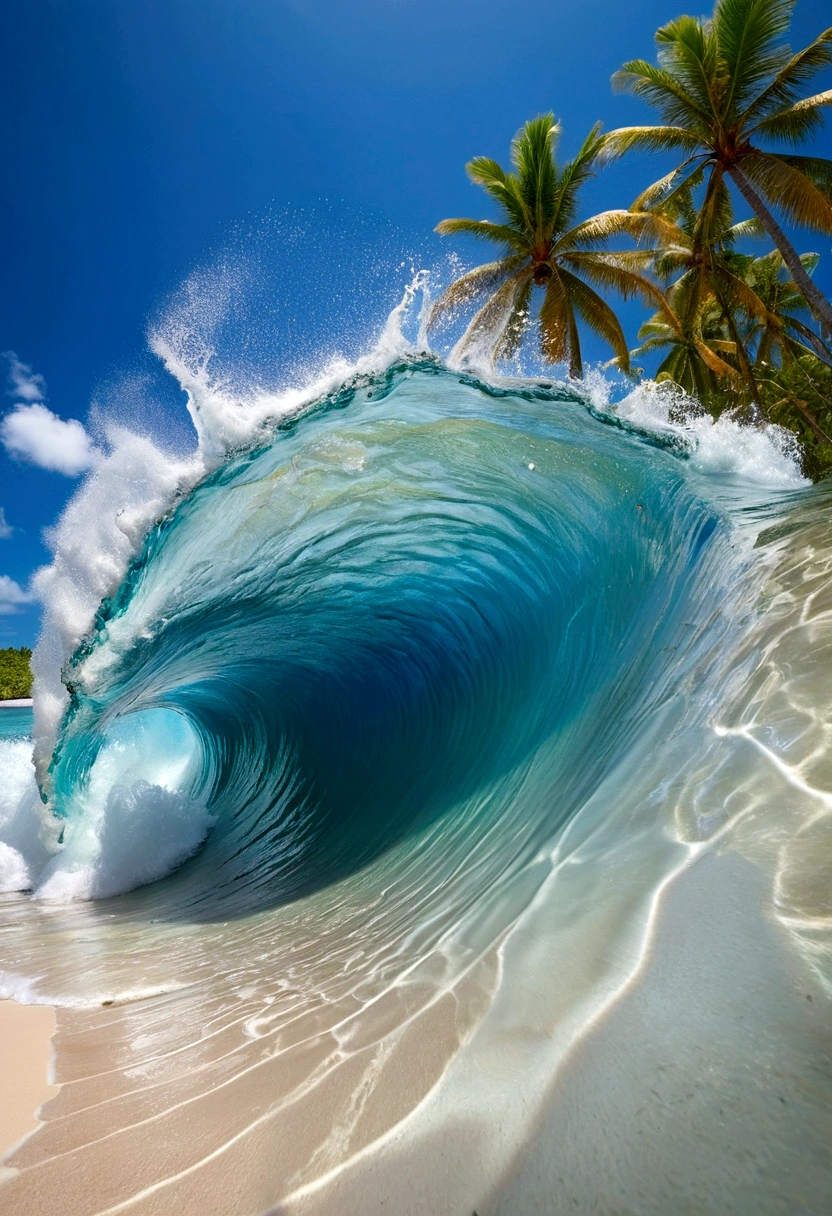 On a tropical beach, an impressive wave curves dramatically, almost defying gravity, with a clear blue sky in the background. The beach is fringed by palm trees and lush vegetation, while the foreground reveals vibrant coral reefs and marine life beneath crystal-clear water. A sense of serene beauty and natural power is conveyed by the contrast between the peaceful beach setting and the dynamic wave.