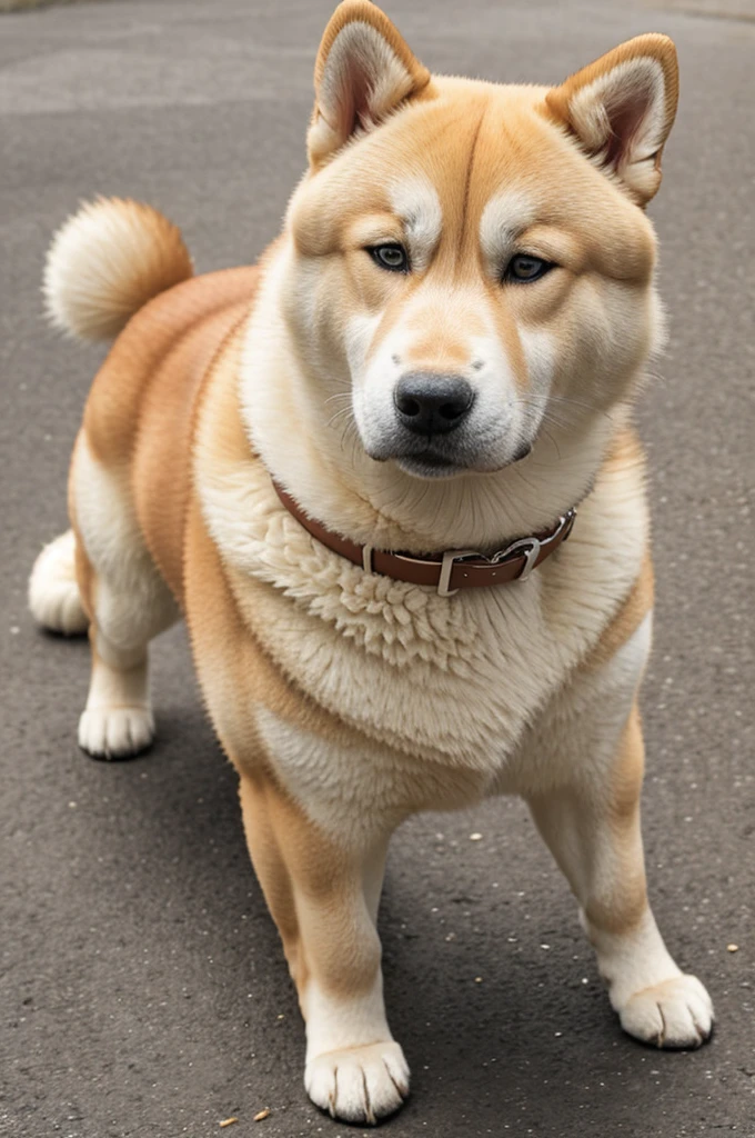 Make an Akita dog that is a Jindo-blonde mix and has a collar that says "the woman"