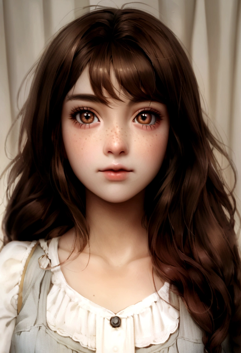 make a blythe doll, with long brown hair with curtain bangs, brown eyes and freckles, who has a black blouse