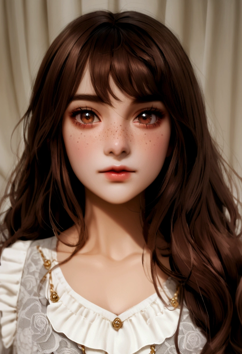 make a blythe doll, with long brown hair with curtain bangs, brown eyes and freckles, who has a black blouse