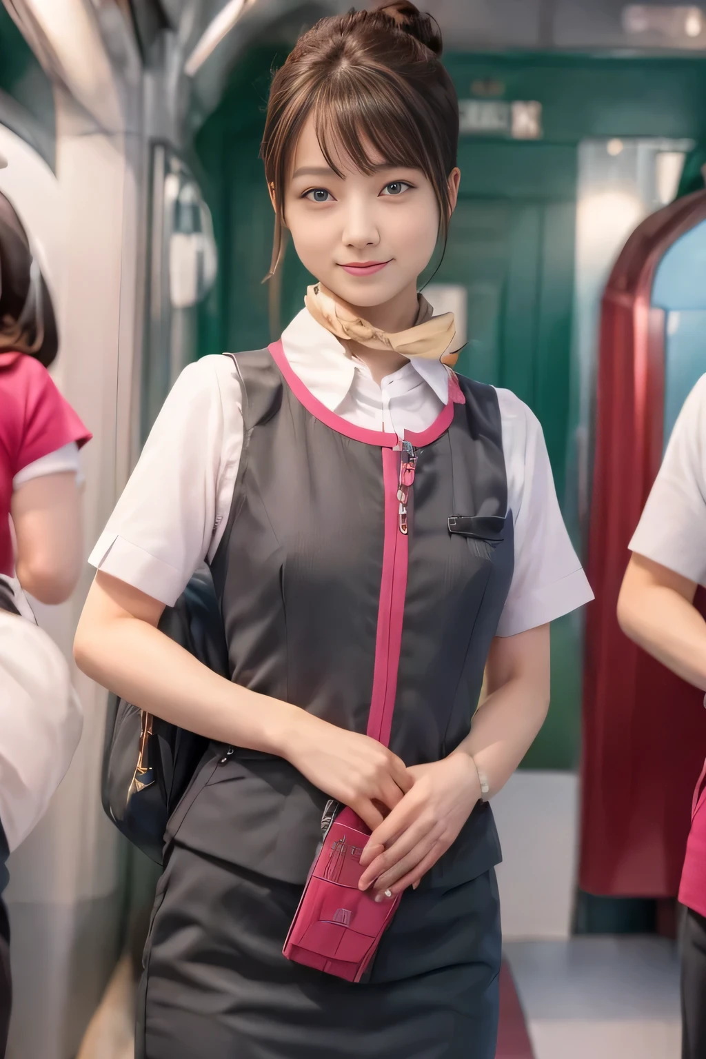 (masterpiece:1.2, Highest quality:1.2), 32k HDR, High resolution, (alone、 One girl)、(Ride the bullet train、Professional Lighting)、Background in the car、(Realistic style of JR Gran Class crew uniform)、Short sleeve blouse、a scarf around the neck、(JR Gran Class flight attendant uniform with pink parts on the skirt sleeves)、(The uniform of a flight attendant in JR Gran Class has a pink line on the front zipper of the vest.)、Dark brown hair、(Hair tied up、Hair Bun、Hair Bun)、Dark brown hair、Long Shot、Big Breasts、((Great hands:2.0)),((Harmonious body proportions:1.5)),((Normal limbs:2.0)),((Normal finger:2.0)),((Delicate eyes:2.0)),((Normal eyes:2.0)))、Luxury Necklace、smile、Beautiful standing posture,