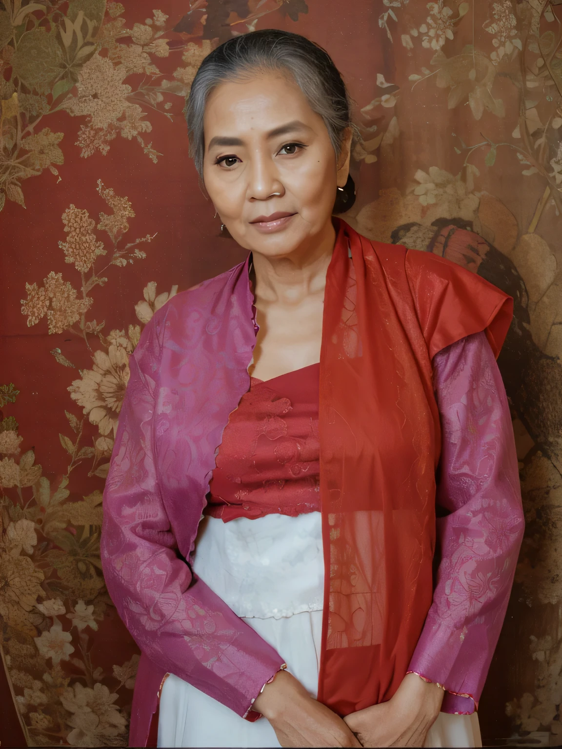 With realistic a grandmother from Indonesia dressed in kebaya