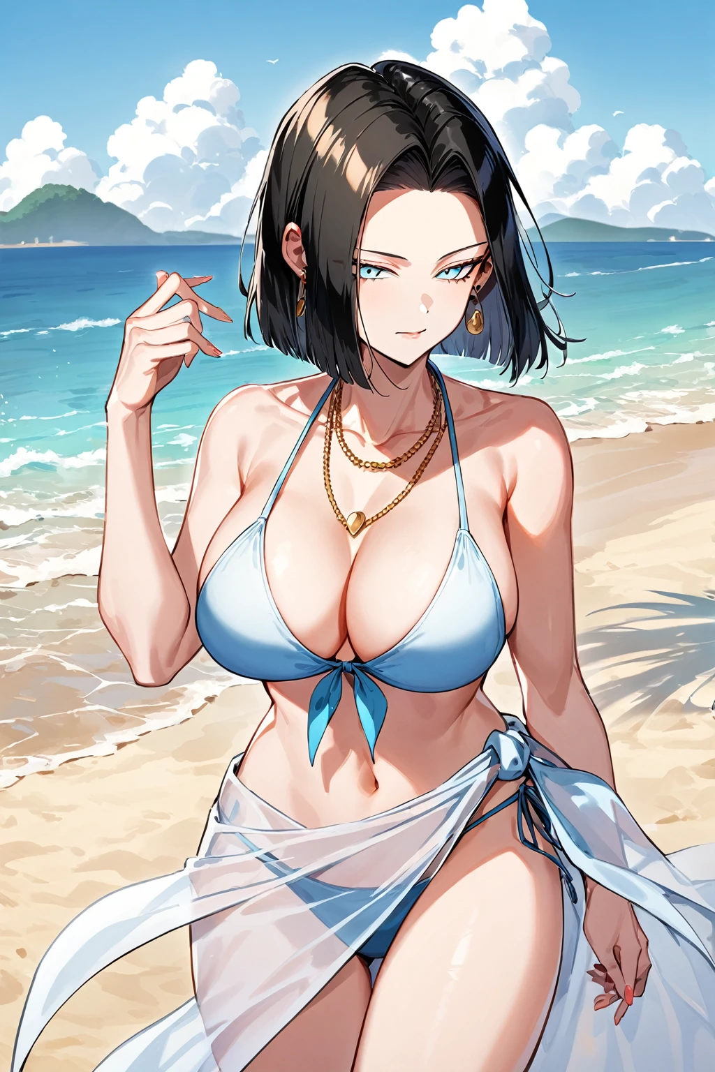 Android 17, e Cup sized breasts, bikini, at the beach, Cover Up sarong, earrings, necklace