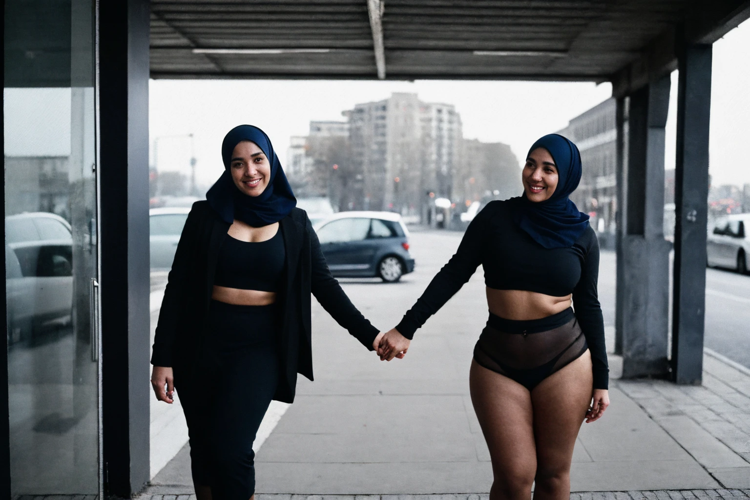 RAW photo,dark,moody,hazy atmosphere,35mm focal lenght,underexposed,cold,candid photograph,artistic,full body,photo of two beautiful,influencer,30yo Moroccan women,hijab,detailed skin,fully naked,laughing,looking at viewer, thick body structure,grey background,in the streets of The Hague,overcast, candid pose,dim room,blue light, film grain, kodak color, instagram LUT