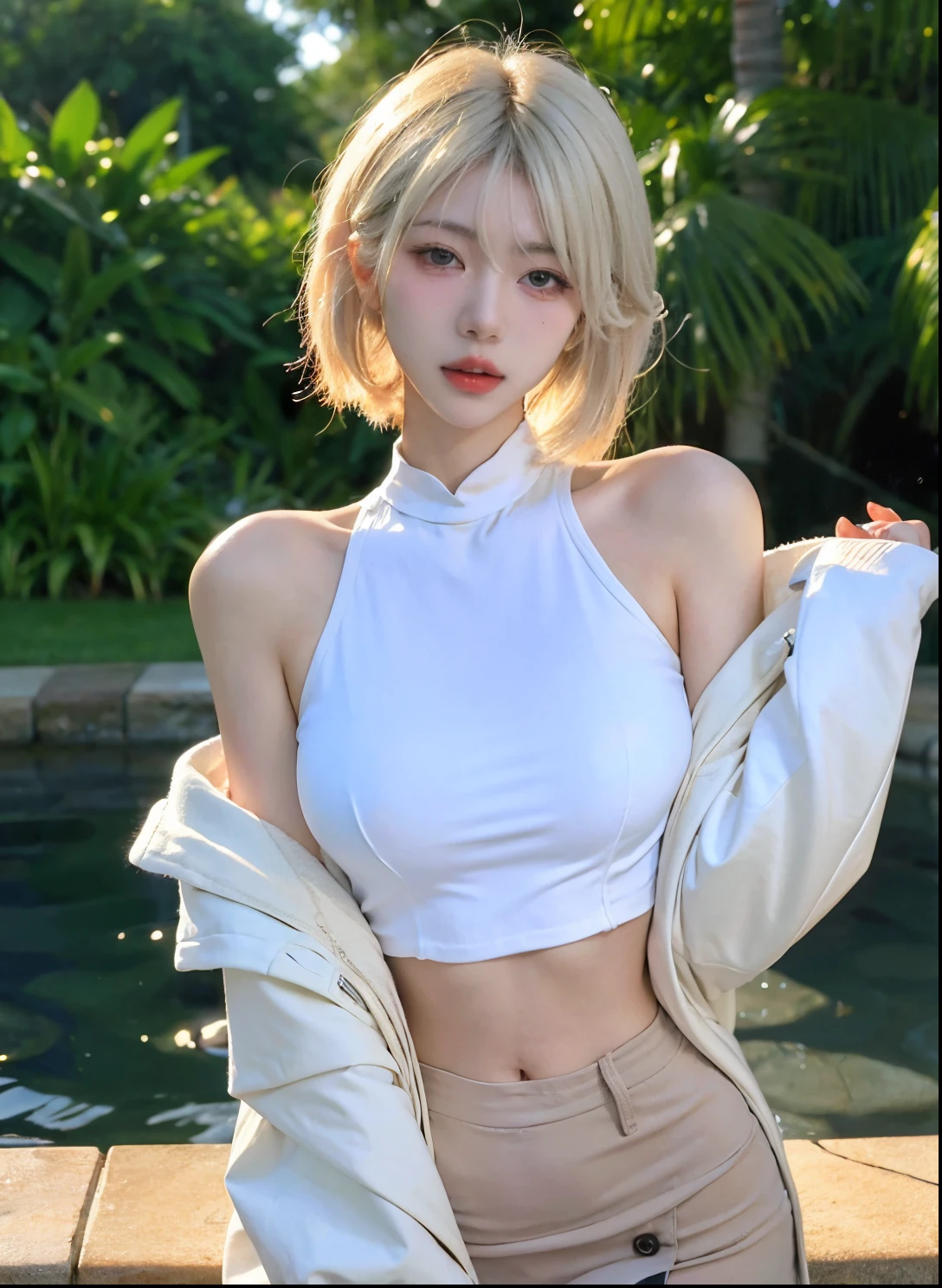 Beautiful woman with perfect figure:1.4，Swimming background，Desert Background，Ultra-high resolution，Seductive laughter，wear glasses，（lifelike：1.4），Layered Hairstyle，White皮肤，Super short pleated skirt，whole body，Very delicate face and skin texture，Double eyelids，Skin Whitening，Long hair，White hair，White，