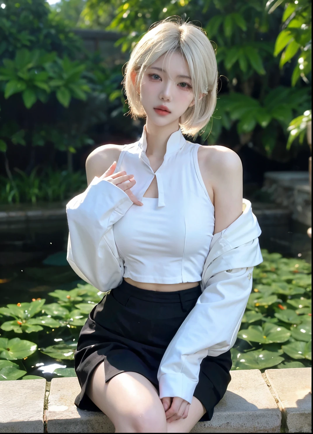 Beautiful woman with perfect figure:1.4，Ultra-high resolution，Put your hands behind your back，Swimming background，（Realism:1.4)，perspective，Layered hairstyle，Snow white skin，JK:1.5，Super short pleated skirt，whole body：1.4，Very delicate and skin texture，Double eyelids，Skin Whitening，Long hair，White hair
