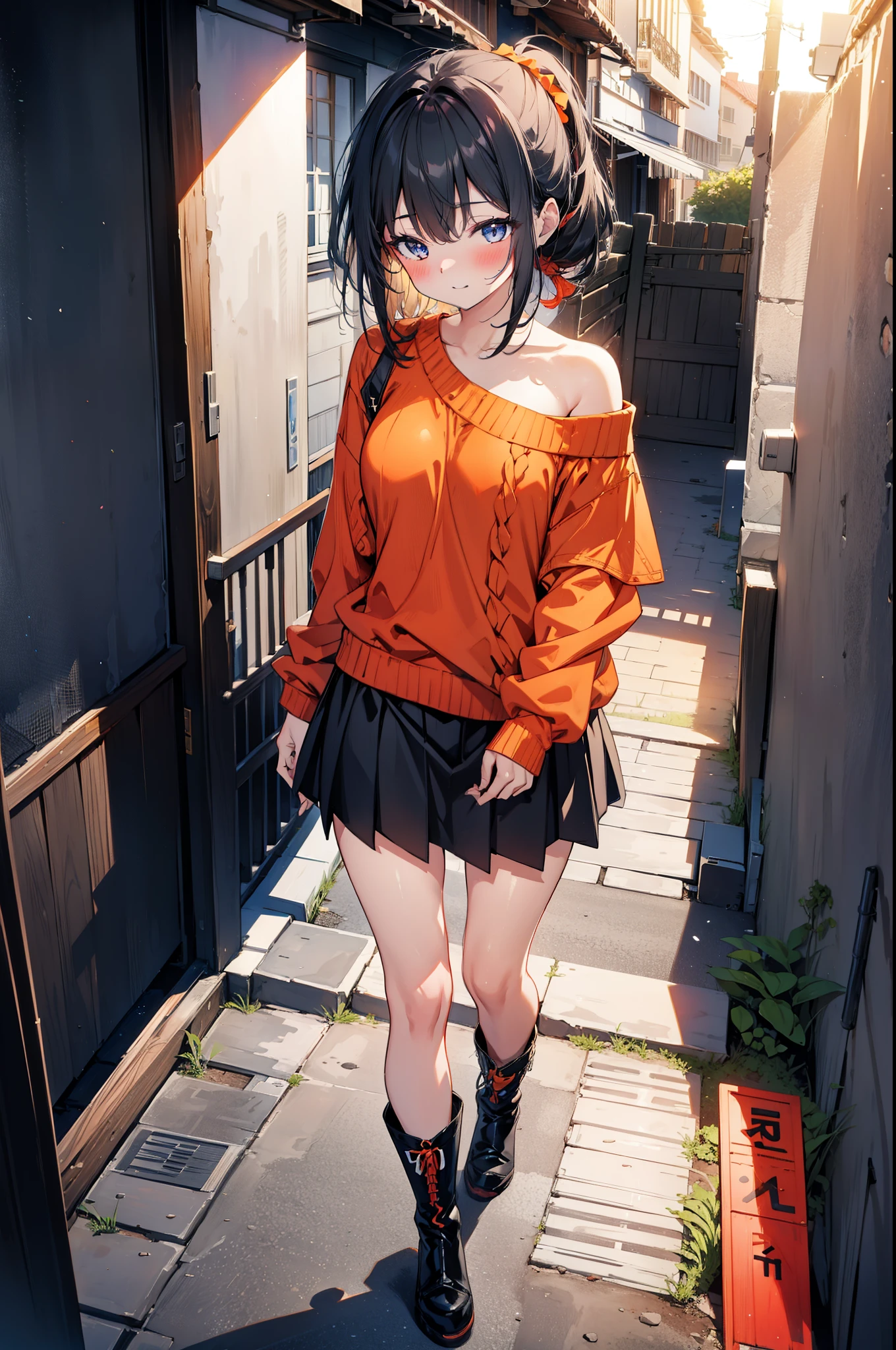 Rikka body, Affluent backstreets, Black Hair, blue eyes, Long Hair, orange Scrunchie, Scrunchie, wrist Scrunchie,happy smile, smile, Open your mouth,blush,Oversized red one-shoulder sweater,mini skirt,short boots,Walking,So that the whole body goes into the illustration,morning,morning陽,The sun is rising,
Destroy outdoors, Building district,
壊す looking at viewer, Systemic
break (masterpiece:1.2), Highest quality, High resolution, unity 8k wallpaper, (figure:0.8), (Beautiful attention to detail:1.6), Highly detailed face, Perfect lighting, Highly detailed CG, (Perfect hands, Perfect Anatomy),