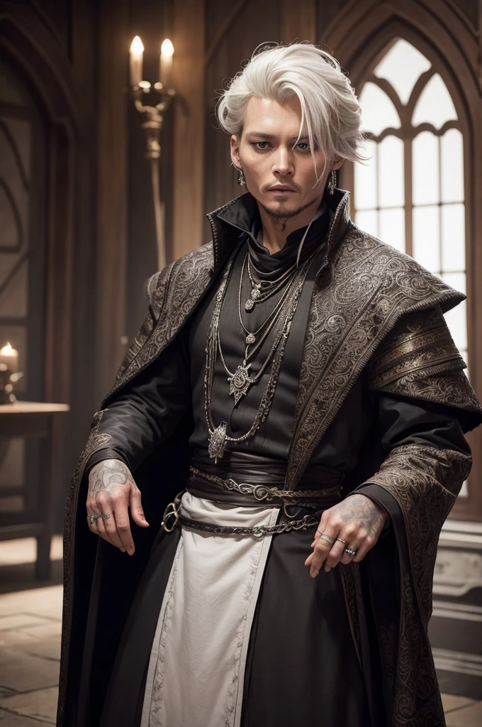 Jonny Depp playing a Tagaryen character with the famous platinum hair and lord clothes from the series Game Off Thrones and House of the Dragon