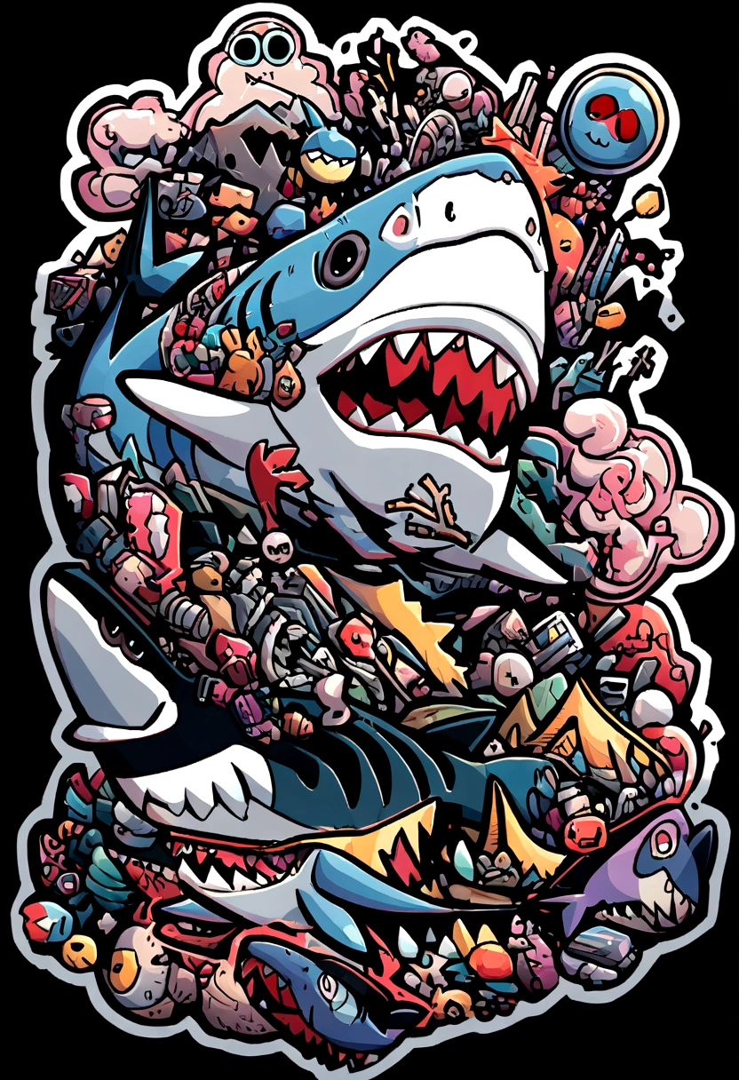 /imagine soon: Shark illustration for a sticker with black background., in bold outline style, jagged edges, garbage, light shading --v 5.2