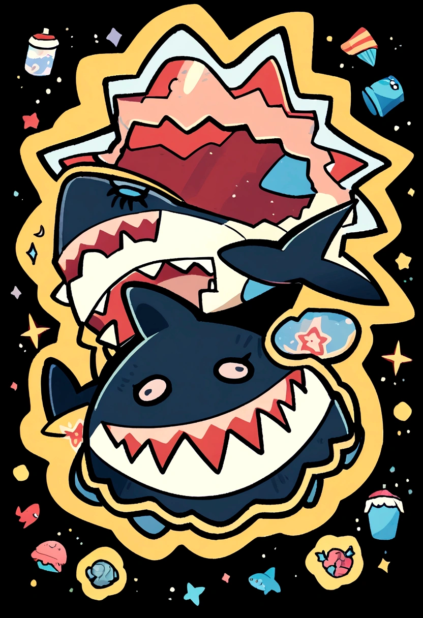 /imagine soon: Shark illustration for a sticker with black background., in bold outline style, jagged edges, garbage, light shading --v 5.2