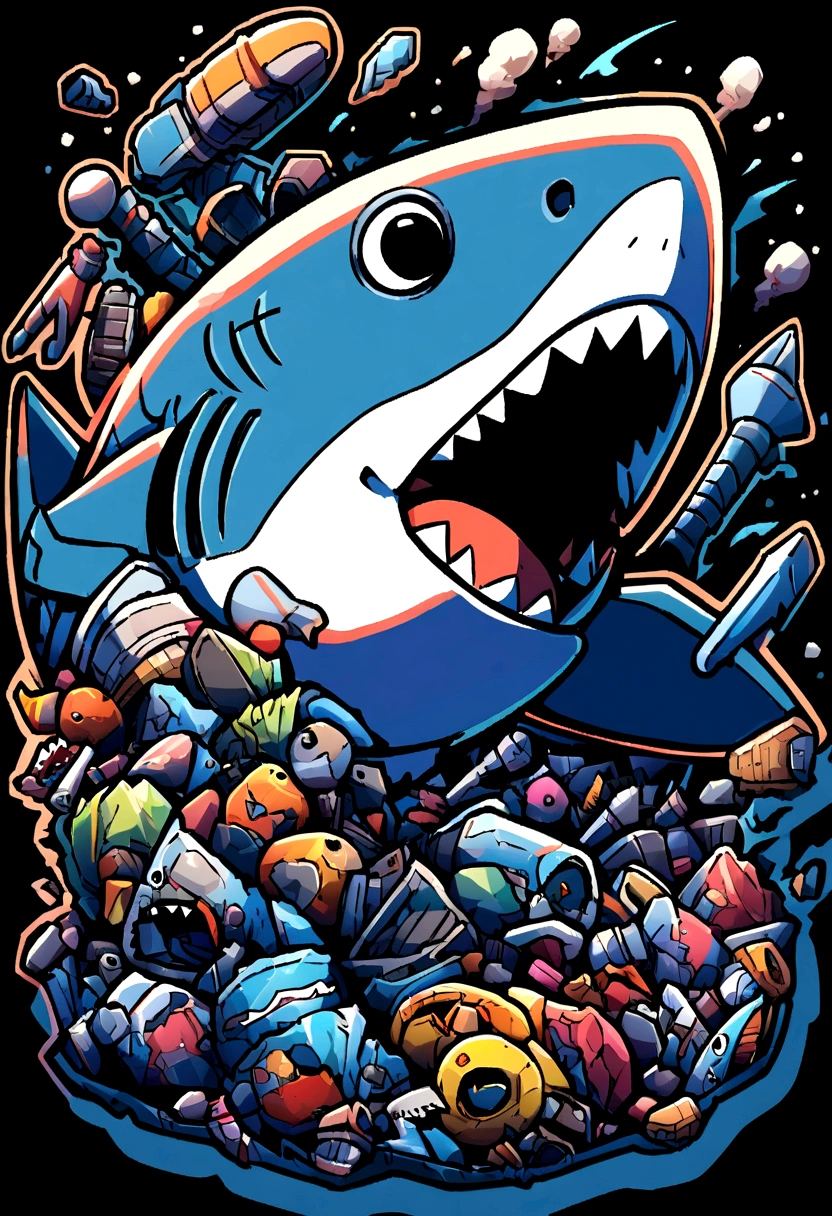 /imagine soon: Shark illustration for a sticker with black background., in bold outline style, jagged edges, garbage, light shading --v 5.2