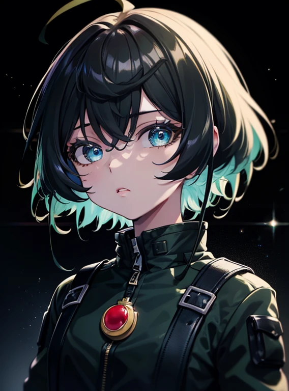 (Masterpiece, Best quality, ultra high resolution),1girl,short hair,black hair,jacket,(multicolor jacket green and black),looking at the viewer,focus on the girl,cloudy sky,beautiful and detailed face, detailed eyes,grey and black theme