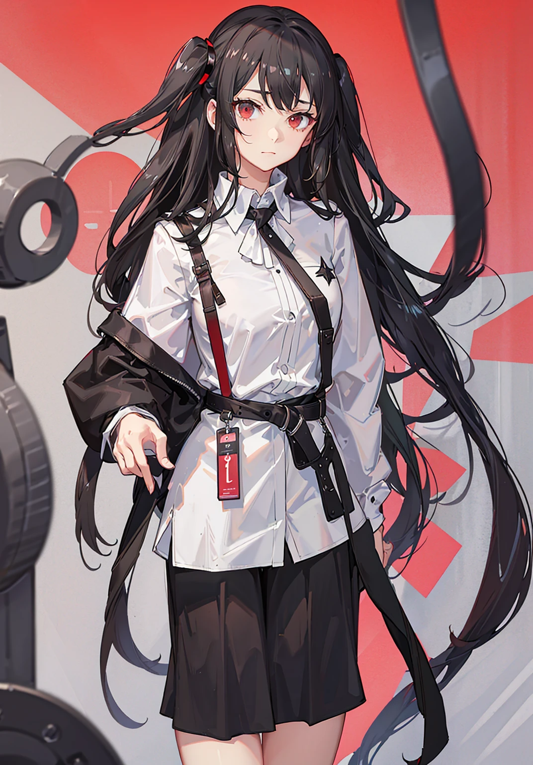 Woman in white shirt and black shorts, long red hair, grey eyes, rock outfit