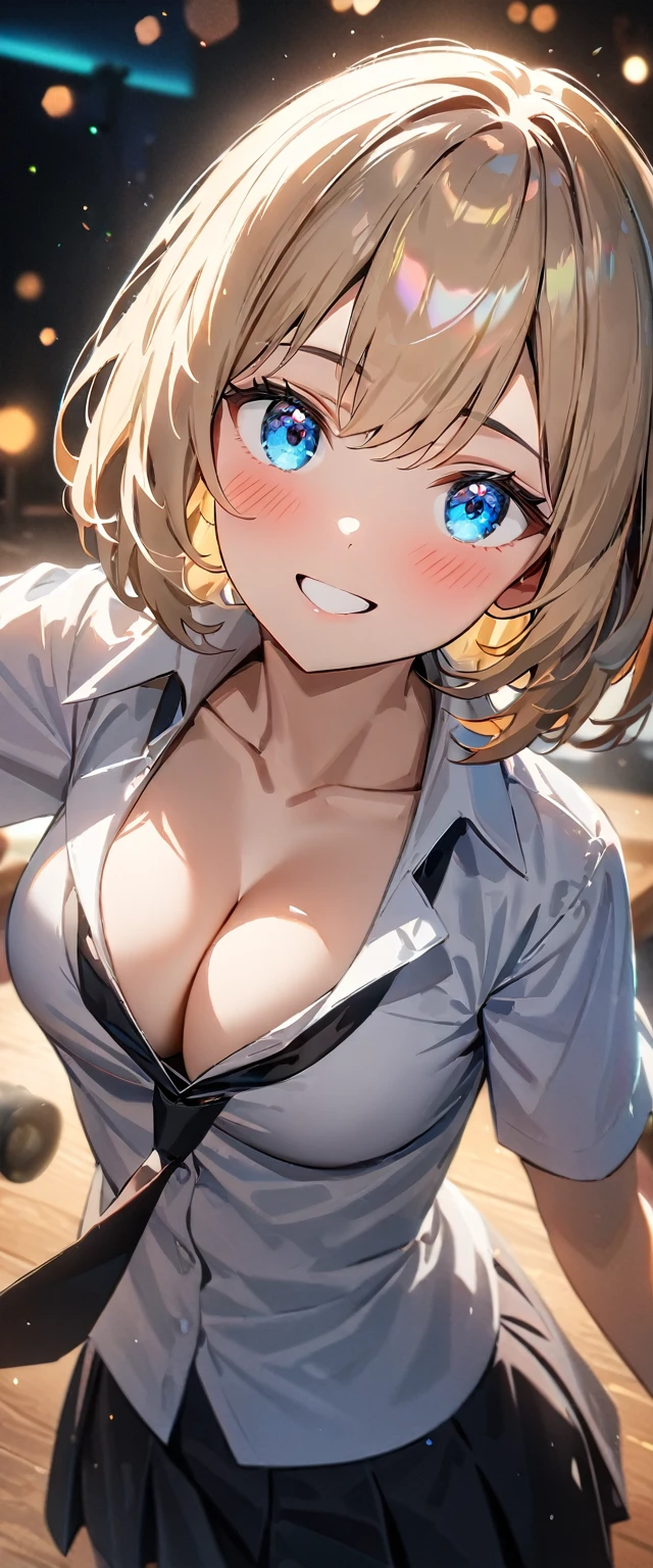 (((One girl))), blond hair, bob cut, (cowboy shot), (looking at viewer), face in focus, breasts, ager, head tilt:1.3, (((blue eye))), ((happy smile)), ((blush)), school summer uniform, white shirts, ((black tie)), black skirt, dynamic pose, ((cleavage)), anime style, (best quality, 4k, 8k, highres, masterpiece:1.2, ultra-detailed, ultra-detailed eyes, HDR, UHD, studio lighting, ultra-fine painting, sharp focus, physically-based rendering, extreme detail description, professional, vivid colors, bokeh)