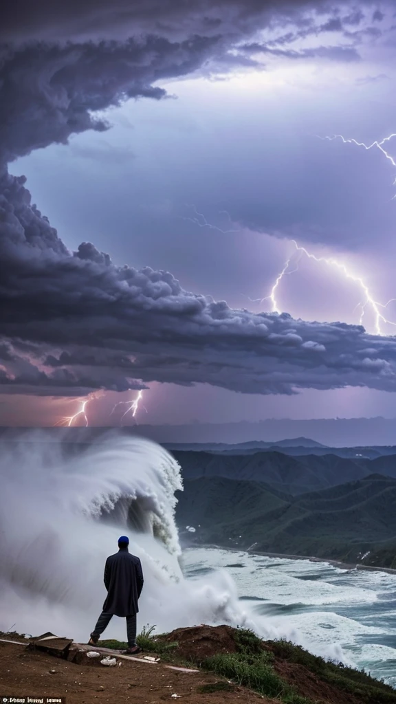 a Muslim man on a high hill who was witnessing a huge tsunami moment, along with scary strong winds, accompanied by terrible, dramatic lightning
