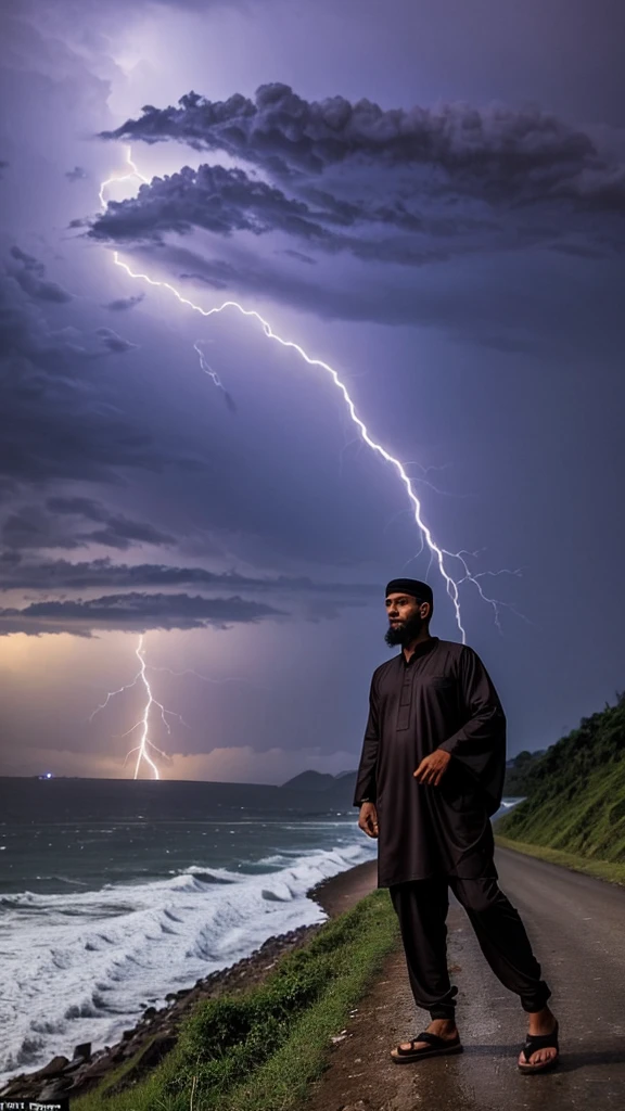 
a Muslim man on a high hill who was witnessing a huge tsunami moment, along with scary strong winds, accompanied by terrible, dramatic lightning
