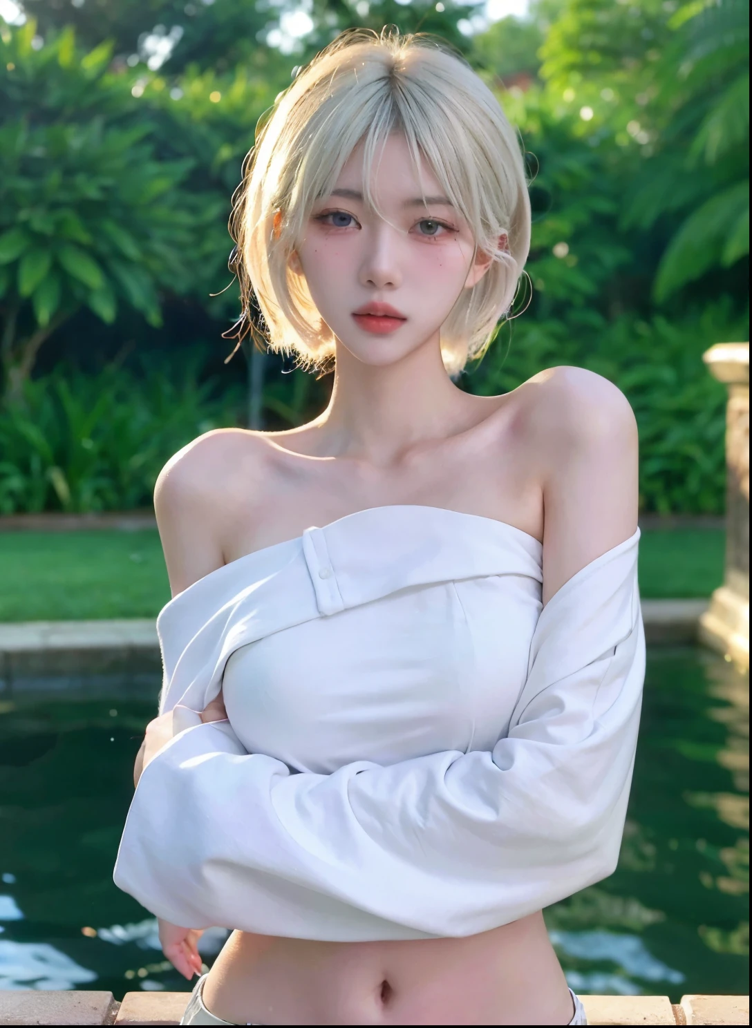 Beautiful woman with perfect figure:1.4，Swimming background，Desert Background，Ultra-high resolution，Seductive laughter，wear glasses，（lifelike：1.4），Layered Hairstyle，White皮肤，Super short pleated skirt，whole body，Very delicate face and skin texture，Double eyelids，Skin Whitening，Long hair，White hair，White，