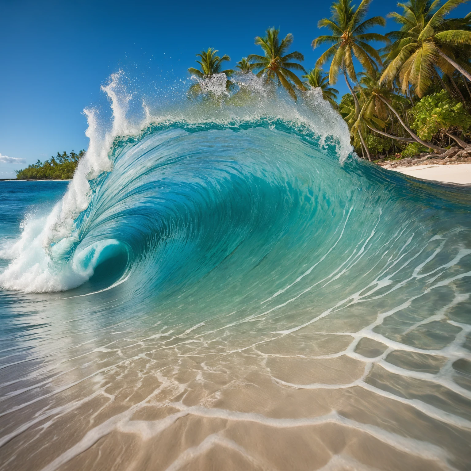 On a tropical beach, an impressive wave curves dramatically, almost defying gravity, with a clear blue sky in the background. The beach is fringed by palm trees and lush vegetation, while the foreground reveals vibrant coral reefs and marine life beneath crystal-clear water. A sense of serene beauty and natural power is conveyed by the contrast between the peaceful beach setting and the dynamic wave.