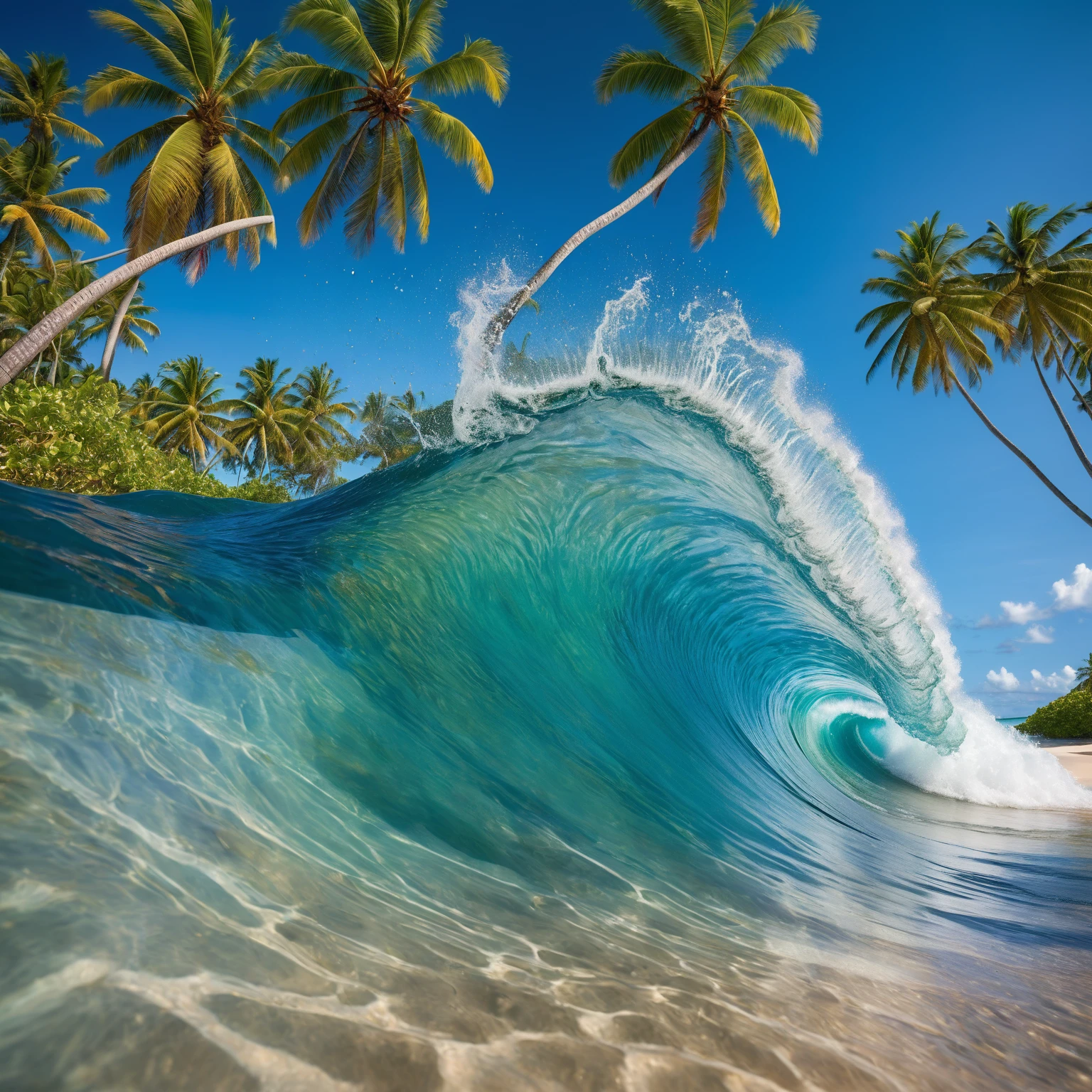 On a tropical beach, an impressive wave curves dramatically, almost defying gravity, with a clear blue sky in the background. The beach is fringed by palm trees and lush vegetation, while the foreground reveals vibrant coral reefs and marine life beneath crystal-clear water. A sense of serene beauty and natural power is conveyed by the contrast between the peaceful beach setting and the dynamic wave.