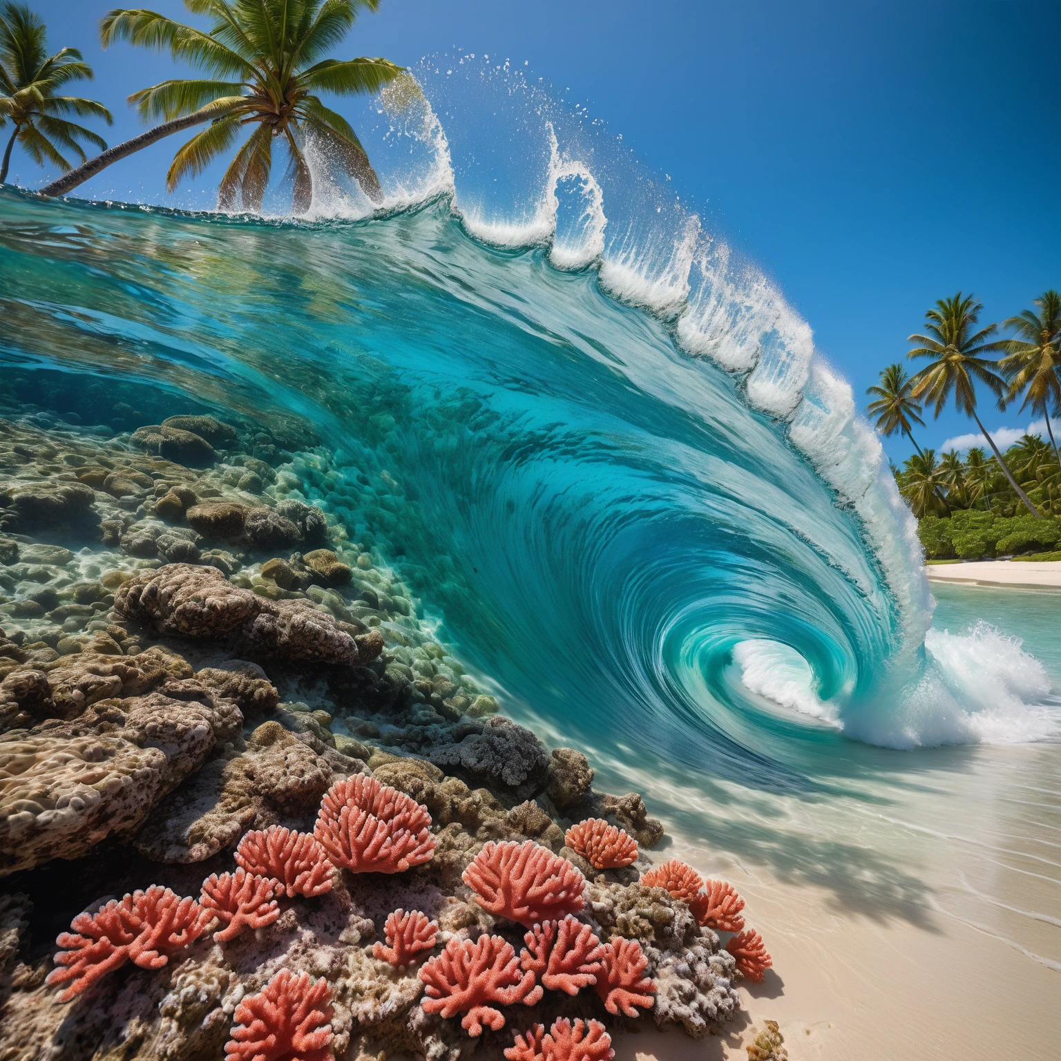 On a tropical beach, an impressive wave curves dramatically, almost defying gravity, with a clear blue sky in the background. The beach is fringed by palm trees and lush vegetation, while the foreground reveals vibrant coral reefs and marine life beneath crystal-clear water. A sense of serene beauty and natural power is conveyed by the contrast between the peaceful beach setting and the dynamic wave.