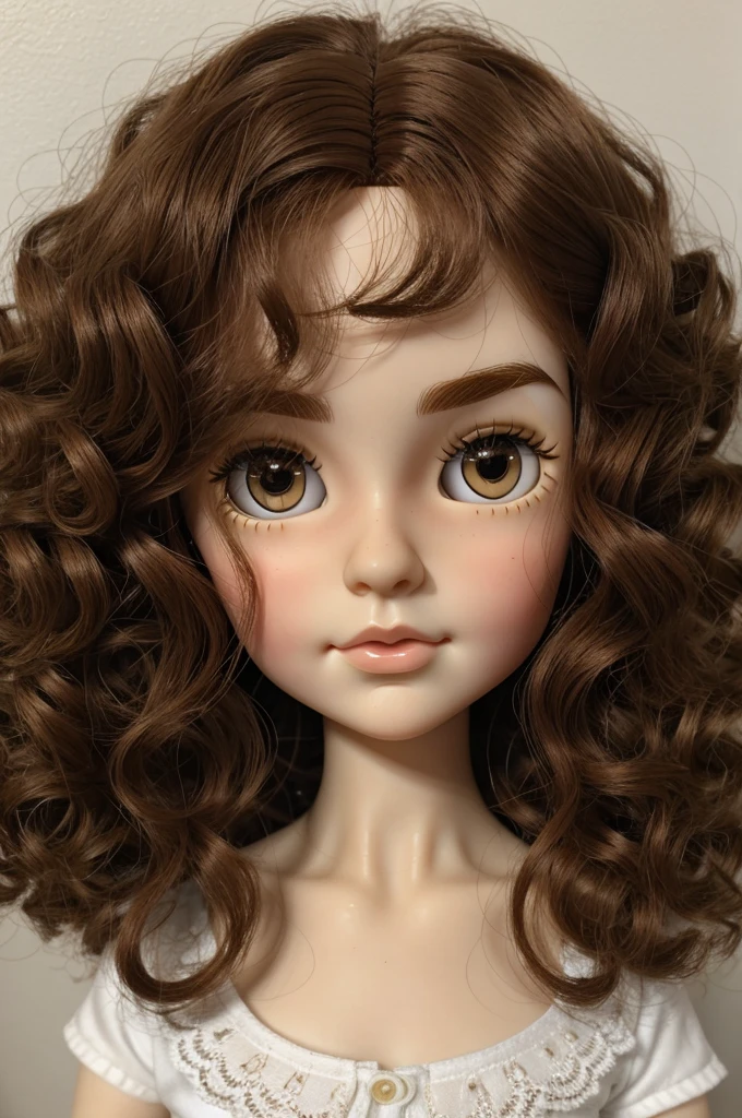 Blythe doll
Brown hair
pale skin
thin eyebrows
only face
Curly curly hair