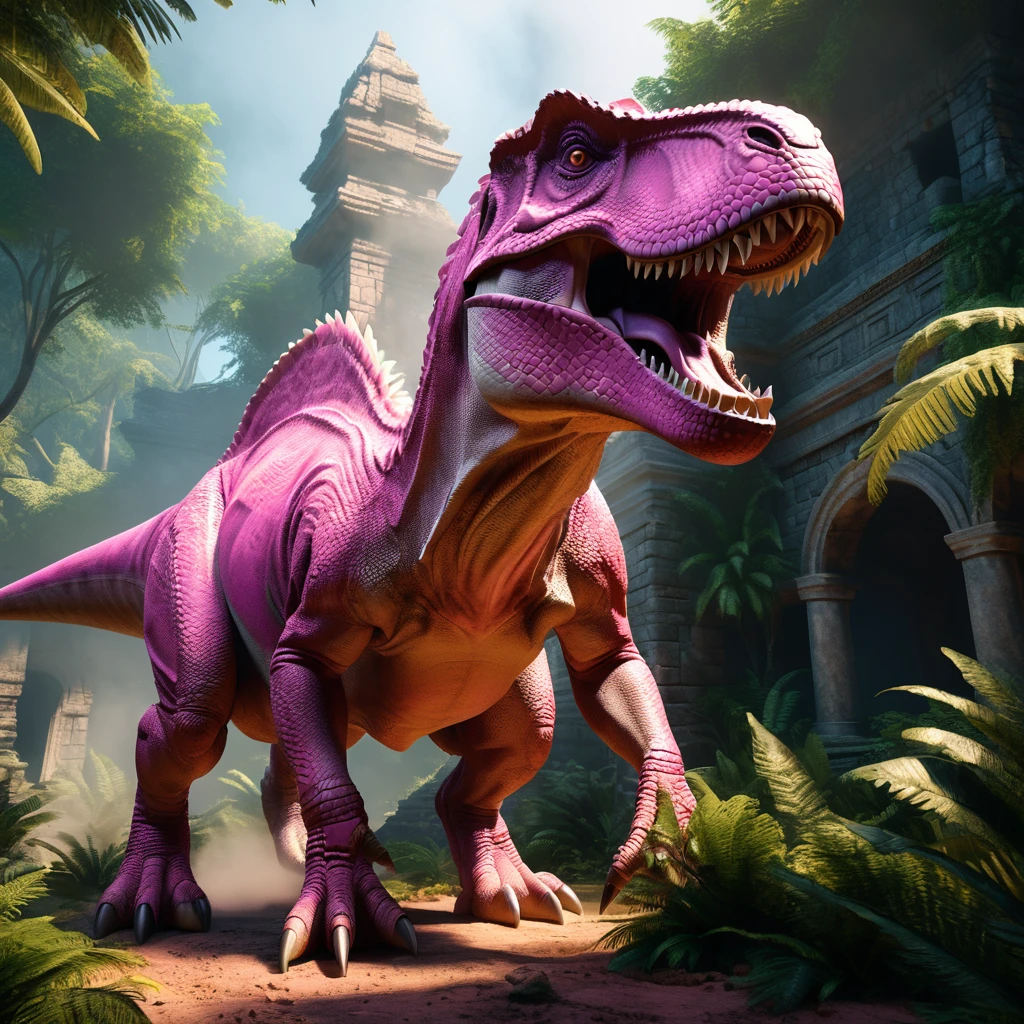 a detailed pink T-Rex dinosaur, highly realistic, extremely detailed, 8k, photorealistic, cinematic lighting, volumetric fog, hyper detailed scales, intricate bone structure, armored plates, menacing expression, prehistoric environment, lush foliage, ancient ruins, dramatic shadows, warm color palette