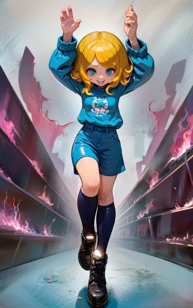 Ultra-realistic CG K ,((premium、8k、32k、Masterpiece、NFFSW:1.3)), (superfine illustration)、(super high resolution), (((standing adult body, dynamic and fun pose:1.3))), (((1 girl in))), ((( short hair bob ))), 25 year old cyberpunk gladiator with perfect body, Shoulder pads with metal spikes., Gladiadores in Brooklyn, (( short hair bob )), Torn rugby team t-shirt, in the wild urban style of Simon Bisley, short blonde hair, minimal clothing, Metallic protection on the left arm with complex graphics...., Dark red with white stars and blue and white stripes., armor, Full of spikes and rivets., poison tattoo (((Image from the knee up))), short white blonde hair, In the background、 There is a wall with an intricate design painted by Shepard Fairey....
