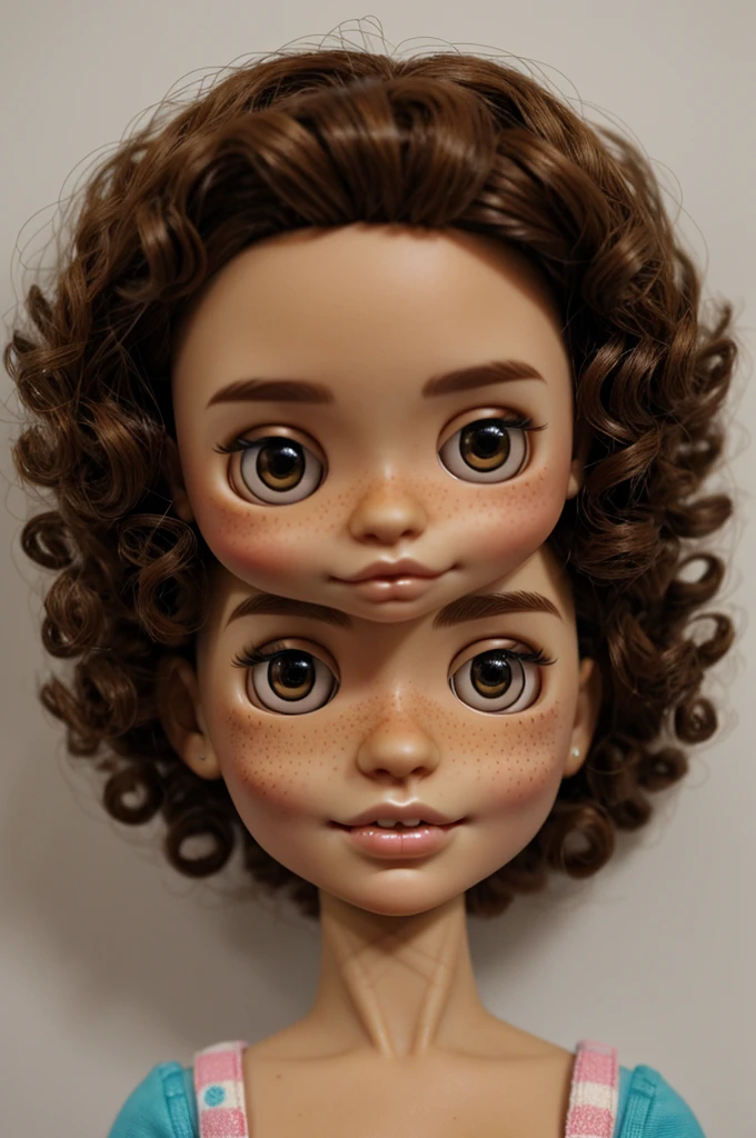 Make a Blythe Doll with light brown skin, very short curly hair, half slanted and brown eyes, freckles and a little big teeth