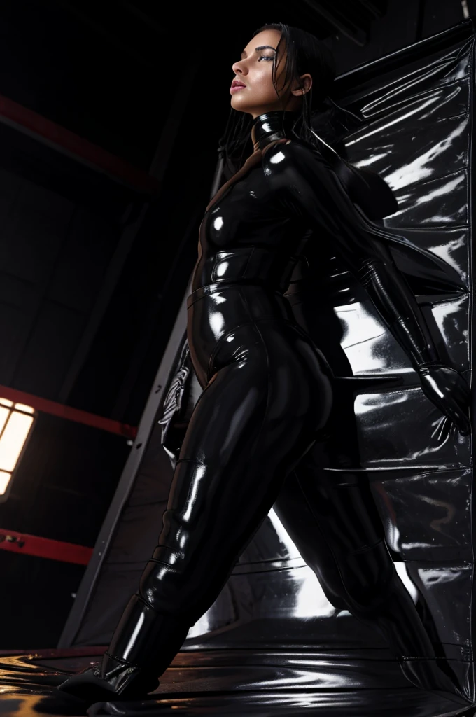 side view of a 20 year old female in a latex vacuum bag, bondage, body outline visible through latex sheet, tight latex bodysuit, enclosed in a black vacuum sealed bag with small air straw over mouth to breath, high gloss latex, shiny latex, wet look, fetish, adult, erotic, mature, dark moody lighting, dramatic lighting, cinematic, photorealistic, 8k, high resolution, hyper detailed, masterpiece, intricate details, realistic materials, studio lighting, 