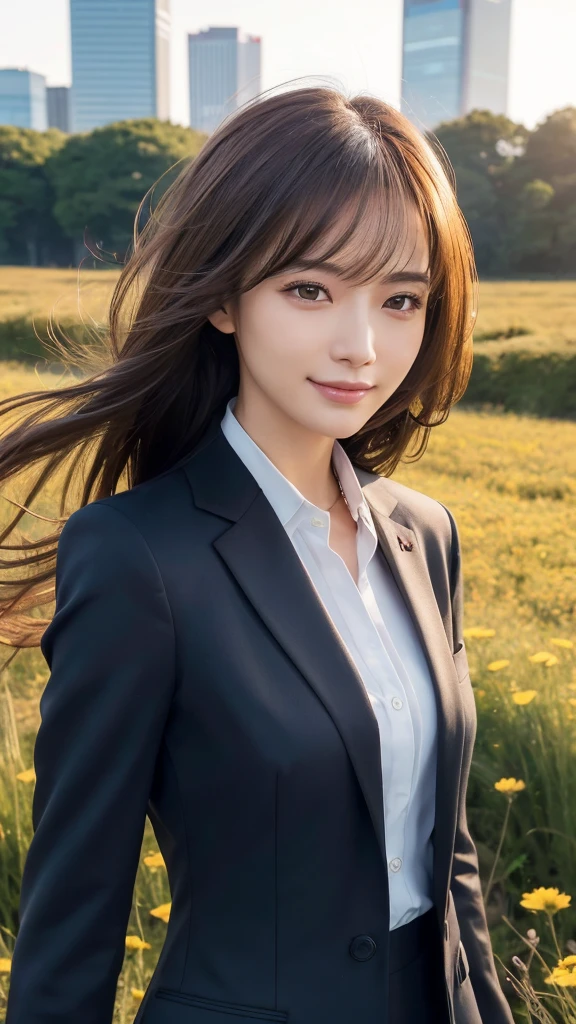 highest quality、genuine、Super detailed、finely、High resolution、8k wallpaper、one beautiful woman、、、light brown disheveled hair、wearing a business suit、sharp focus、perfect dynamic composition、beautiful and detailed eyes、thin hair、Detailed genuine skin texture、smile、model body shape、In Tokyo at morning、In a windswept meadow